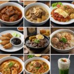 Ragam kuliner Indonesia yang lezat dan otentik: hidangan daging pedas, sup gurih, mie pedas, serta dessert menyegarkan, disajikan secara menarik.