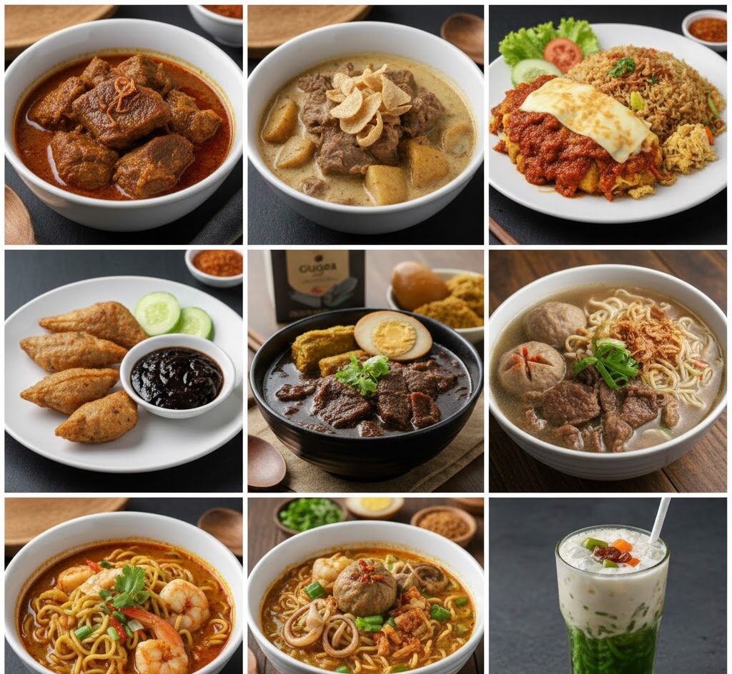 Ragam kuliner Indonesia yang lezat dan otentik: hidangan daging pedas, sup gurih, mie pedas, serta dessert menyegarkan, disajikan secara menarik.